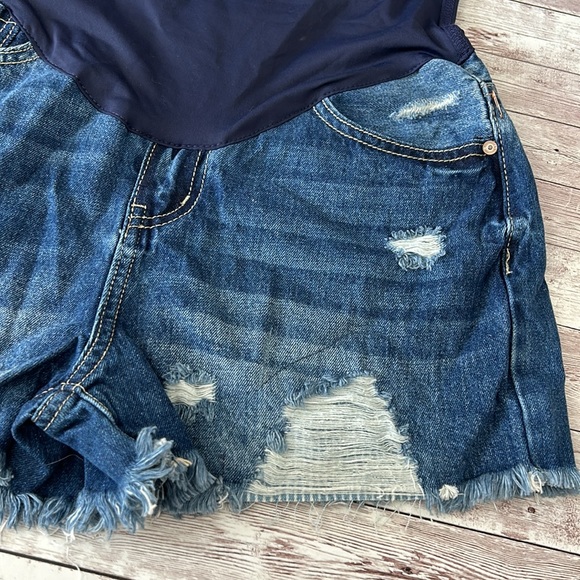 Pinkblush Dark Wash Distressed Fringe Hem Maternity Full Panel Jean Shorts - Picture 6 of 11